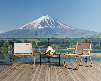 Comfortable Outdoor Lounge Chairs On Wooden Deck With Fire Pit And Mount Fuji Backdrop 3d model