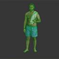 Men's Summer Casual Blue Shorts With Towel Over Shoulder Standing Barefoot On Black Background