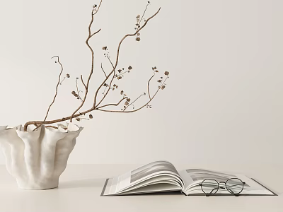 Open Magazine With Eyeglasses On Pages And Decorative White Vase In Minimalist Setting 3d model
