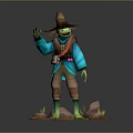 Anthropomorphic Frog Character Wearing Wizard Hat Blue Coat Brown Pants Waving Hand On Rocky Base