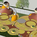 Colorful Children Playground With Rainbow Slide Mushroom Houses And Kids Playing