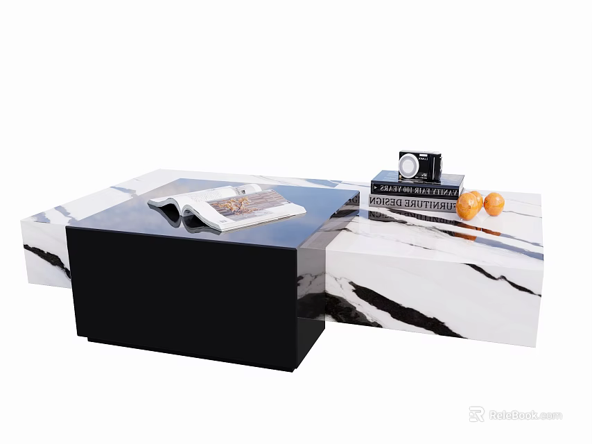 Modern Stylish Coffee Table With Marble Surface Black Base Featuring Magazine Camera And Oranges 3d model