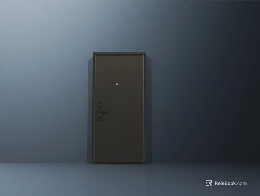 Modern Dark Brown Swing Door With Simple Design And Blue Wall Background 3d model 