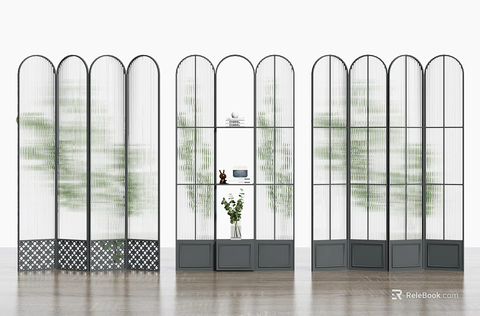 Modern Glass Room Divider With Arched Design Green Leaf Patterns And Grey Base 3d model