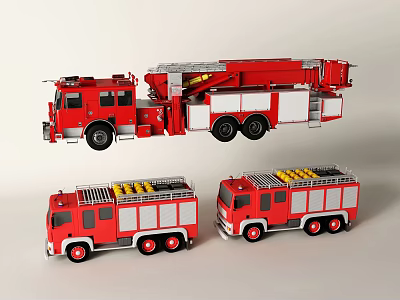 Red Fire Trucks with Ladder and Rescue Equipment for Firefighting Emergencies 3d model