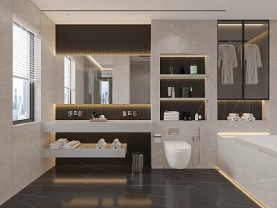 Modern Bathroom Interior With Mirror Vanity Toilet Bathtub And Shelves 3d model