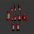 Various Red Fire Extinguishers Including Portable And Trolley Mounted Types