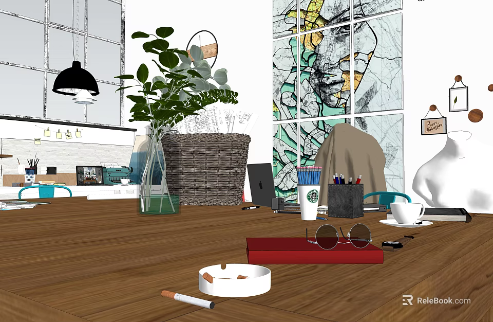Public Office Space With Wooden Tabletop Green Plant Table Lamp Coffee Cup And Laptop 3d model 