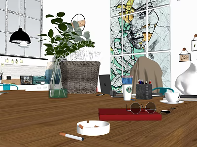 Public Office Space With Wooden Tabletop Green Plant Table Lamp Coffee Cup And Laptop 3d model
