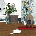 Public Office Space With Wooden Tabletop Green Plant Table Lamp Coffee Cup And Laptop