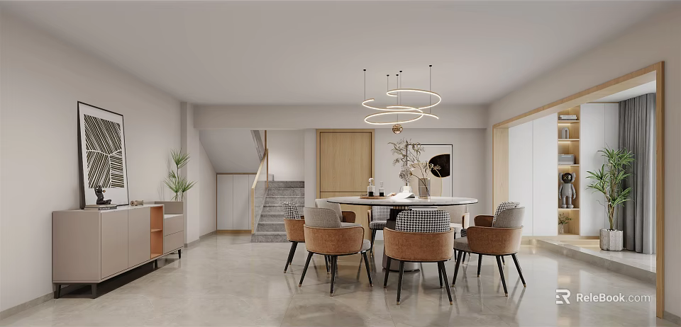 Modern Restaurant Interior With Round Dining Table Pendant Lights And Decorative Art 3d model