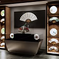 Elegant Interior Display of Traditional Fans and Plates on Wooden Shelves