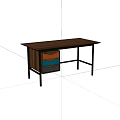 Modern Desk With Wooden Tabletop Black Metal Frame And Orange Blue Brown Drawers