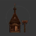 Traditional Wooden Building With Sloped Roof Cross On Top Small Tower And Decorative Carvings