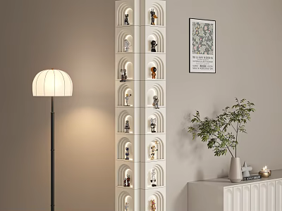 Elegant White Decorative Cabinet With Multi Tiered Shelves Figurines Floor Lamp And Potted Plant 3d model