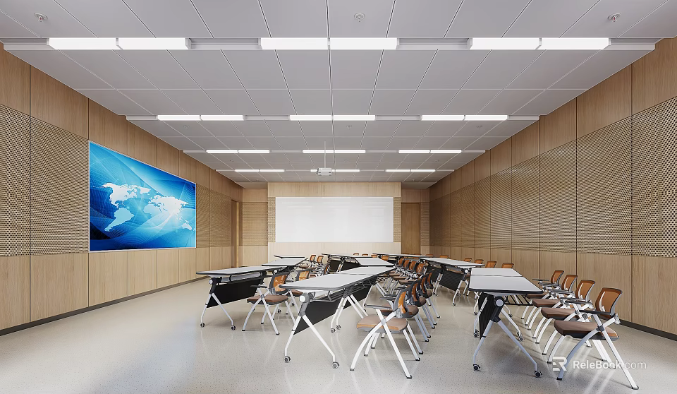 School Modern Classroom With World Map Screen Whiteboard Wooden Walls And Rows Of Desks Chairs 3d model 