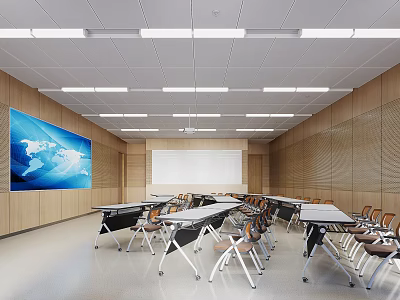 School Modern Classroom With World Map Screen Whiteboard Wooden Walls And Rows Of Desks Chairs 3d model
