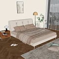 Modern Upholstered Double Bed With Brown Pillows Quilted Comforter Wooden Nightstand And Floor Lamp