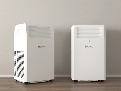 Two Modern White Air Cooler Fans Indoor Against Wall On Wooden Floor 3d model