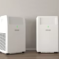 Two Modern White Air Cooler Fans Indoor Against Wall On Wooden Floor