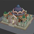 Cartoon Scene Castle Building With Blue Dome Red Roof Towers And Arched Windows