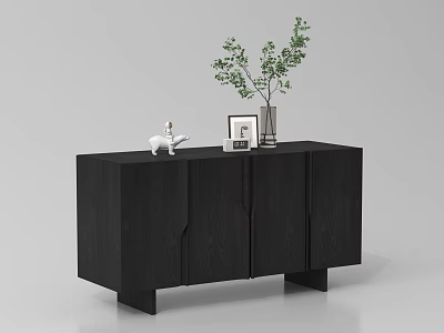 Modern Black Entryway Cabinet Sideboard With White Elephant Ornament Photo Frame And Green Plant Vase 3d model