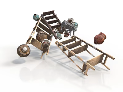 Vintage Wooden Farm Tool Components With Wheels Clay Pots And Metal Parts 3d model