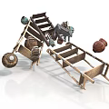 Vintage Wooden Farm Tool Components With Wheels Clay Pots And Metal Parts