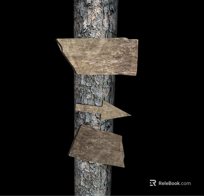 Wooden Billboards Mounted On Tree Trunk With Bark Texture Three Rustic Signs Against Black Background 3d model 