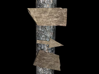 Wooden Billboards Mounted On Tree Trunk With Bark Texture Three Rustic Signs Against Black Background 3d model