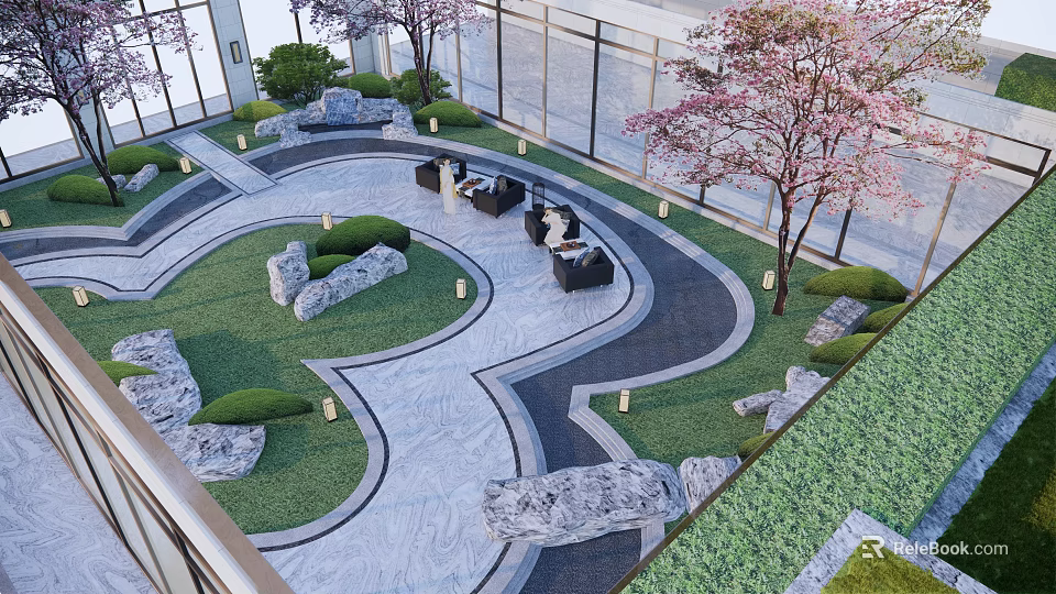Modern Garden Landscape With Winding Pathway Lush Lawn Rock Decorations And Cherry Blossom Trees 3d model 