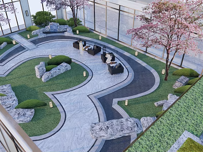Modern Garden Landscape With Winding Pathway Lush Lawn Rock Decorations And Cherry Blossom Trees 3d model