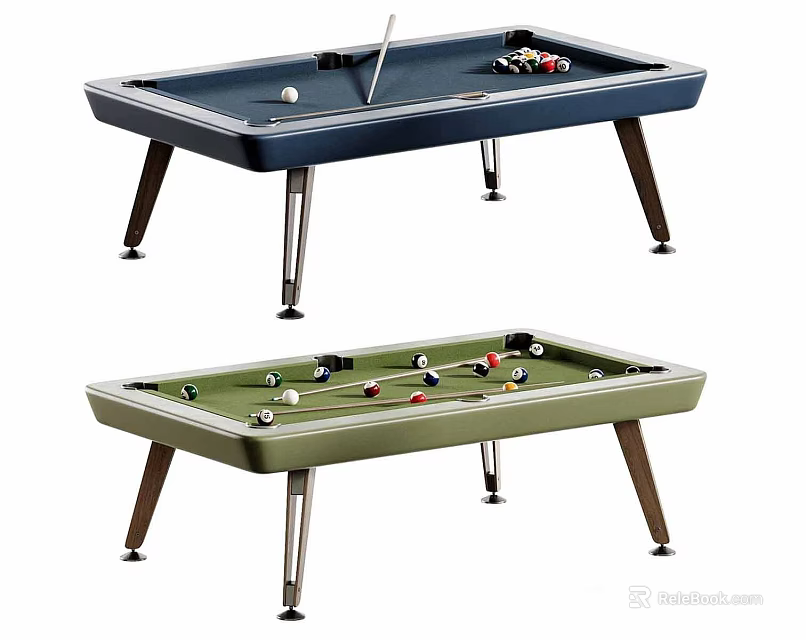 Modern Billiard Tables In Navy Blue And Green With Balls And Cues 3d model 