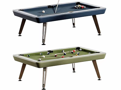 Modern Billiard Tables In Navy Blue And Green With Balls And Cues 3d model