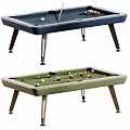Modern Billiard Tables In Navy Blue And Green With Balls And Cues