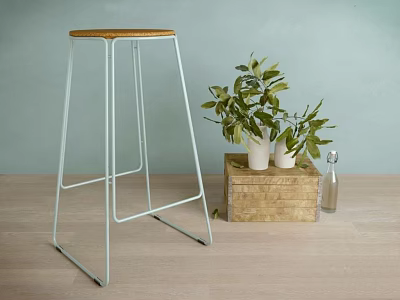 Bar Stool White Metal Frame Wooden Seat Near Green Plants Wooden Crate Light Blue Wall 3d model