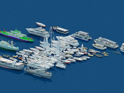 Various Luxury Yachts And Boats Moored Together On Blue Sea Surface 3d model