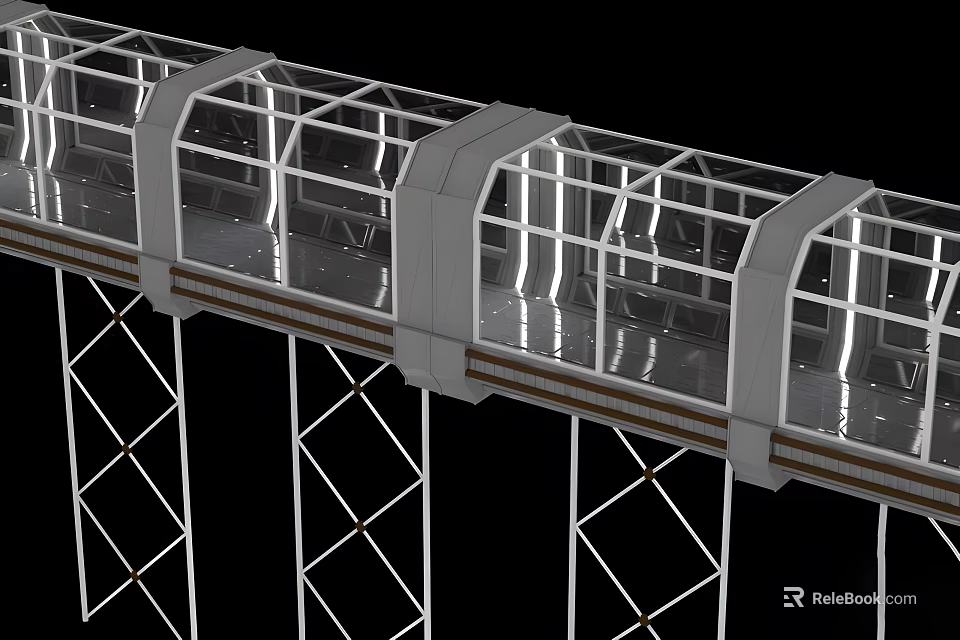 Modern Elevated Track Structure With Glass Curtain Walls And Metal Supports 3d model 