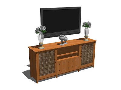 Stylish Wooden TV Stand with Woven Doors Drawers and Decorative Vases 3d model