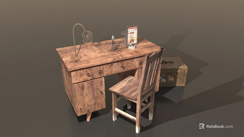 Vintage Wooden Desk With Matching Chair Table Lamp Book And Storage Box 3d model 