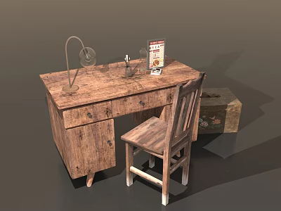Vintage Wooden Desk With Matching Chair Table Lamp Book And Storage Box 3d model