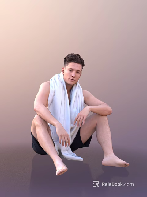 A Man Sitting On The Floor In Black Shorts With White Towel Over Shoulder 3d model 