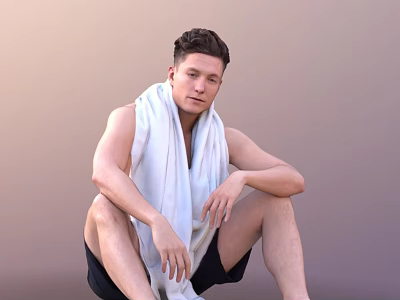 A Man Sitting On The Floor In Black Shorts With White Towel Over Shoulder 3d model
