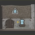 Cartoon Cottage Scene With Stone Walls Wooden Door Chimney Round Windows And Hanging Lantern