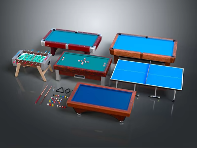 Assorted Sports Equipment with Billiard Ping Pong Foosball Tables and Game Accessories 3d model