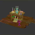 Wooden Dining Table With Candles Green Bottle Books And Cushions On Wooden Planks