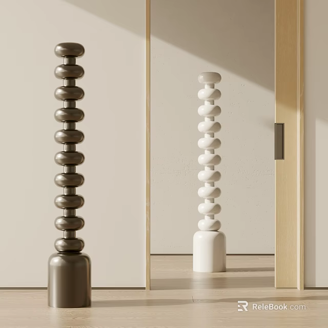 Brown and White Stacked Sphere Sculptures with Cylindrical Bases in Soft Light Interior 3d model 