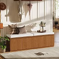 Wooden Storage Shoe Bench With Cushioned Seat Decorative Pillows And Flower Tray