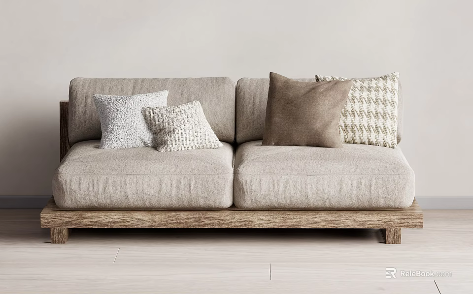 Light Gray Linen Two Seater Sofa With Brown And Plaid Pillows On Wooden Base 3d model 