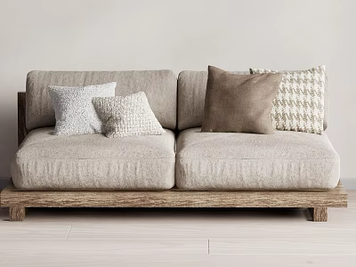 Light Gray Linen Two Seater Sofa With Brown And Plaid Pillows On Wooden Base 3d model